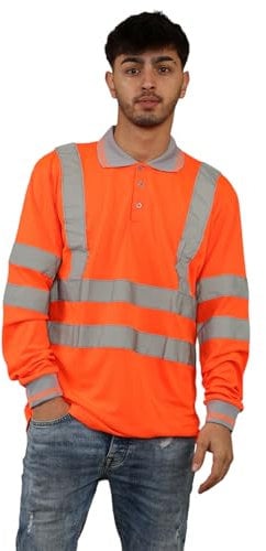 BSBAAA FASHIONS® Men's Hi Visibility Long Sleeve Polo T-Shirts, Hi Viz Reflective Tape Safety Security Work Breathable Lightweight Workwear Tee Top Shirts (Orange, L)