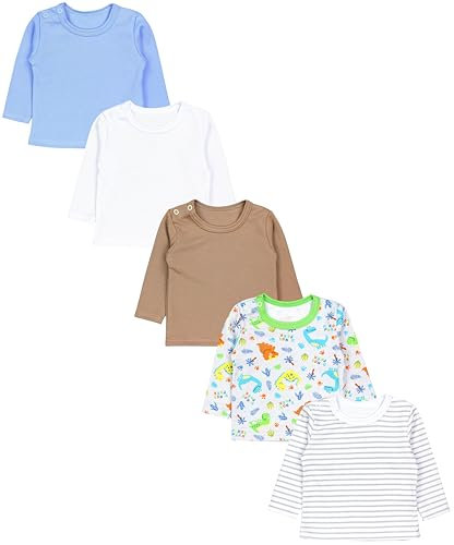 TupTam Baby Jungen Langarmshirt Gestreift 5er Set, Farbe: Dino Blau Weiß Beige Streifen Grau, Größe: 80