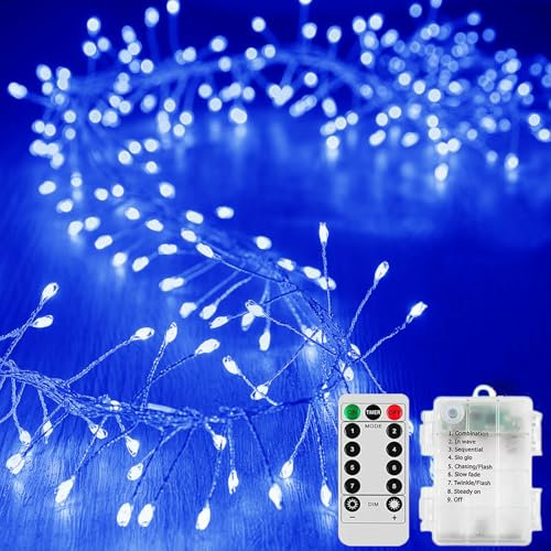 KINGCOO Guirlande lumineuse en grappe de 5 m avec 200 LED en fil argenté - Fonctionne à piles avec minuterie à distance - Pour extérieur, intérieur, chambre, mariage, fête de Noël (bleu)