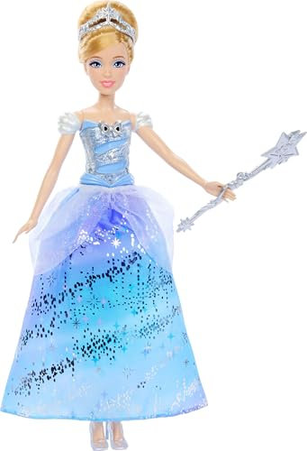 Disney Princess Poupée Cendrillon et sa Robe Enchantée, robe lumineuse avec effets sonores et activation par une baguette magique, inspirée du film