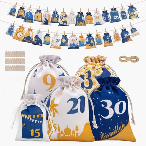QMofeixiaodianQ Decoration Ramadan 2025, 30 Calendriers du Ramadan Decoration,2 tailles Decoration aid Moubarak Sacs de Calendrier l'Avent Ramazan pour Enfants, Décoration Ramadan