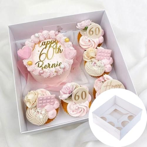 6 Pack White Bento Cake & Cupcake Boxes, Food Grade Cupcake Holders, Bakery Carrier Boxes with Windows and Inserts, Hold Bento Cake + 5 Standard Cupcakes for Cupcakes, Muffins and Pastries