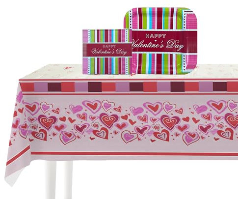 WedDecor Set da tavola per San Valentino – Tovaglia, tovaglioli di carta e piatti usa e getta – Romantico design cuore per San Valentino – Set da 29 pezzi
