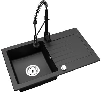 Faizee Granitspüle 75 x 44 cm Nachtschwarz – inklusive Armatur Spiral in Schwarz – eckige Einbauspüle aus Granit – beidseitig montierbar, kratzfest, hitzebeständig – modernes Spülbecken