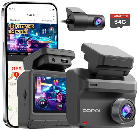 DDPAI Dashcam Auto Vorne Hinten, Echtes 4K + 1080P Dash Cam Auto Kamera mit 64GB Karte, 3 IPS-Display, 5GHz WiFi 6 GPS, G-Sensor, AI-ISP Nachtsicht, 4G LTE Support, 48H Parküberwachung, ADAS, Z50 Pro