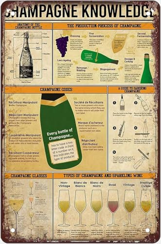 Champagne Knowledge Vintage Metal Sign Art Champagne Glasses Poster Wall Decoration Plaque For Bar Cafe Club Tin Sign Gift For Women Men 8x12 Inch Plaque Tin Sign