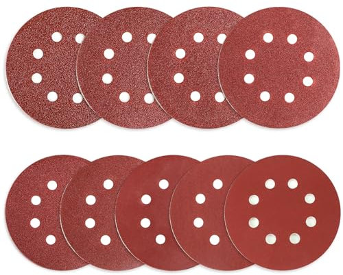 AUGOLA 90Pcs Sanding Discs Pads, Hook and Loop 40 60 80 100 120 150 240 320 600 Mixed Grits 125mm Sandpaper Sheet for Random Orbital Sander, 8-Holes