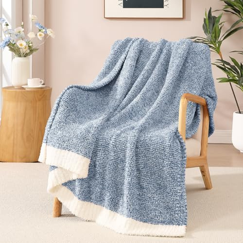 WRENSONGE Soft Throw Blanket for Couch-Cozy Reversible Knitted Blankets | Lightweight Warm Fluffy Decor for Women, Mom, Her & Girls, Sofa, Chair, Bed, 50x60in, Cationic Dyeing Blue