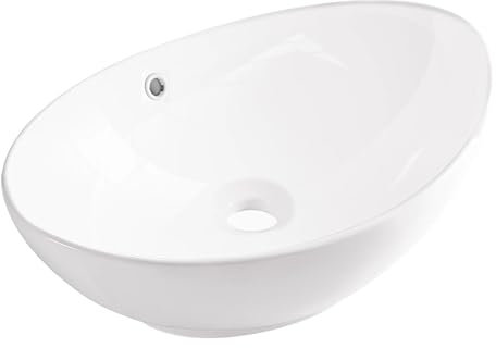 AQUAUNO Aufsatzwaschbecken MAYA 59x39 cm Oval – Weißes Keramik Waschbecken ohne Hahnloch mit Überlauf Weiß – Sanitärkeramik Bad