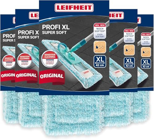 Leifheit Wischbezug Profi XL, Super Soft 5er Set für Parkett | Für Laminat und Kork, minimale Wasseraufnahme, schlierenfrei, 60°C waschbar, passend für Leifheit Profi XL Bodenwischer