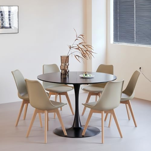 Uderkiny Esstisch und Stuhlset, 110 cm Runder Esstisch-MDF-Tischplatte und 6 Moderner Esszimmerstuhl-PU-Sitzkissen, Geeignet für Küche, Esszimmer, Wohnzimmer, Café, Balkon(Schwarz + 6 Khaki)