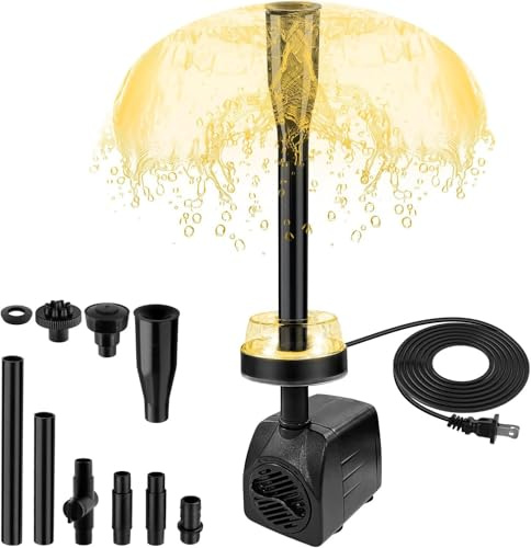 Mini Fountain Pump, NATPOW Submersible Water Pump 800L/H with Warm Whith LED Light, 3M Cable Pond Pump with Mushroom & Blossom Spray Head for Outdoor Fountain Water Feature, Aquarium Fish Tank