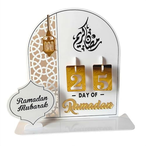 Acryl Ramadan Countdown Kalender für Eid Mubarak Dekor, 30 Tage islamischer Adventskalender mit austauschbaren Zahlen, Gold Tischplatte Ornament für muslimisches Heimbüro Schreibtisch Kinder Geschenk