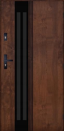 Bergen 02 Porte d'entrée 90 x 200 cm DIN droite – Porte d'entrée 72 mm avec nano-revêtement – Porte en acier 1,3 valeur Ud – Kit complet avec cadre et poignée – Porte extérieure robuste avec boulons