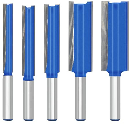Jeu de 5 Fraises Droites pour Défonceuse – Queue 8 mm, Diamètres de Coupe 8/10/12/18/20 mm, Profondeur de Coupe 50 mm, Pointes en Carbure, pour Rainurage et Usinage du Bois