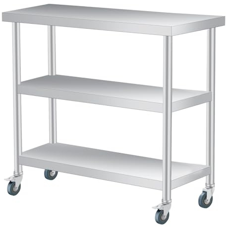 GarveeHome Heavy Duty Stainless Steel 3-Tier Patio Side Table – Outdoor Utility Workbench – Rust-Resistant, Lockable Casters – Versatile for Kitchen, Restaurant, Garage, Indoor & Outdoor – Multiple