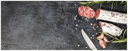 Wallario Küchenrückwand selbstklebend 115 x 50 cm, Motiv: Salami, Rosmarin und Knoblauch | Spritzschutz abwischbar & pflegeleicht