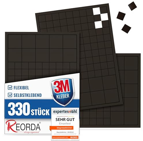 Reorda® Magnetplättchen selbstklebend (330 Stück) | Starker 3M-Kleber ermöglicht erstklassige Klebekraft | Vielseitige Flache Magnete zum basteln & schneiden | Ideal nutzbar für Schule & Büro