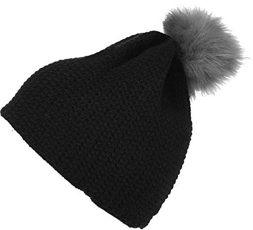 Neverless Strick-Mütze Damen Wintermütze Häkelmütze Fell-Bommel Pudelmütze Puschel Pompon schwarz Unisize