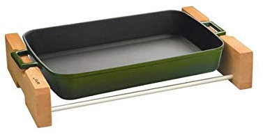Lava - Cacerola de hierro fundido (22 x 30 cm, bandeja verde y bandeja de madera), color verde