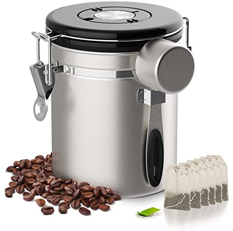 Houseables Luftdichte Kaffeedose, gemahlener Behälter, Datums-Tracker, 1/8 Tassenlöffel, 16 oz Tresor, CO2-Ventil, Edelstahl, Espresso-Bohnenbehälter, Vorratsdose, Nüsse, Zucker, Blume, Küche, Tee