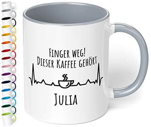 True Statements Tasse Finger weg Dieser Kaffee gehört Wunschname personalisiert - personalisierte Kaffeetasse mit Wunsch-Name - spülmaschinenfest - tolles Geschenk zu Weihnachten (innen grau)