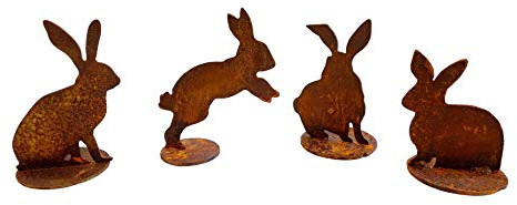 itsisa Rostfigur Kleiner Hase auf Standplatte im Rost Design, 4er Set, Gartenstecker Osterhase für den Garten, Frühlingsdeko