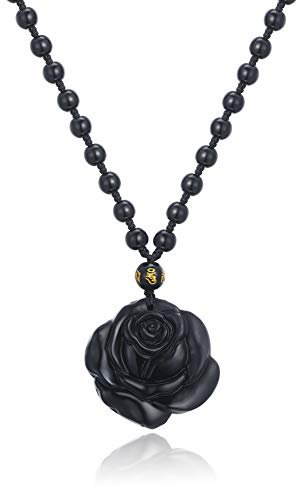Thajaling Cristallo di ossidiana nera scultura ciondolo rosa collana Reiki pietra preziosa naturale fiore ossidiana ciondolo pietra regalo, ossidiana, perla, ossidiana, Perla