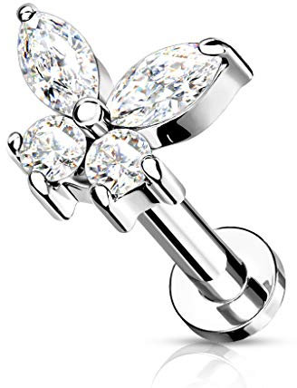 BlackAmazement 316L Edelstahl Labret Monroe Tragus Helix Ohrstecker Schmetterling Butterfly 6mm 8mm Zirkonia CZ pink rosa Aqua blau Regenbogen Rose Gold Silber Damen (Farbe Silber - Stablänge 8mm)