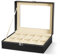 Uten Watch Box 10 Slots, Watch Case with Glass Lid, Watch Display Storage Box for Men and Women, Removable Watch Pillows, Metal Clasp, Black Synthetic Leather, Beige Velvet Lining, Gift Idea