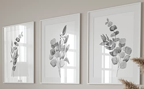 Eviepops Prints Eucalyptus Botanical Wall Art – Set of 3 Unframed Prints, Minimalist Grey Plant Decor, Abstract Tropical Leaves Posters for Living Room, Bathroom, Bedroom Modern Nature Artwork (A3)