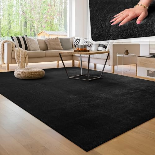 Paco Home Moderner Kuscheliger Wohnzimmer Teppich Kurzflor waschbar flauschig Weich Einfarbig Felloptik zeitlos stilvoll rutschfest pflegeleicht, Grösse:200 cm Quadrat, Farbe:Schwarz