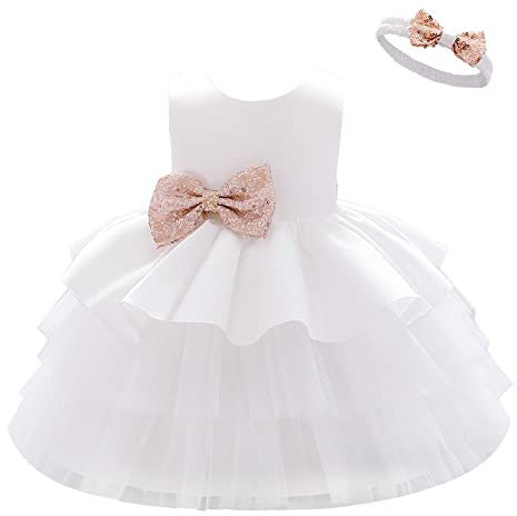 Lito Angels Robe Demoiselle d'honneur Ceremonie Mariage avec Bandeau pour Bebe Filles Taille 9-12 Mois, Blanche (étiquette en Tissu 70)