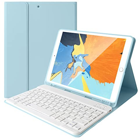 LAMA Kabellose Tastatur Hülle Kompatibel mit 10.2 iPad 9th 2021, 2020 (8th Gen) 2019 (7th Gen), 10.5 iPad Air 2019 (3th Gen)/iPad Pro 2017 mit Stifthalter QWERTZ, Himmelblau