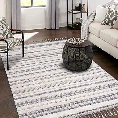 payé Teppich Wohnzimmer - Meliert - 160x230cm - Creme Grau Blau - Hochtief Effekt - Fransen Deko Boho Flauschig - Cut & Loop Sisal - Schlafzimmer Flur Dekoration Läufer