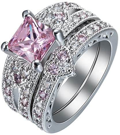 Bandring Silber, Damenringe Rosa Quadratschliff Zirkonia 2 Ring Set Hohles Herz Viereck Rosa Hochzeit Eheringe Geschenke für Damen Größe 60 (19.1)