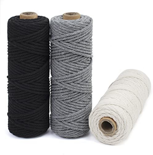 LEREATI Makramee Garn 3mm Set, 150m Makramee-Schnur, Farbig Baumwollseil, Baumwollgarn zum Hängepflanze, Wandbehang, Hochzeitsbogen, Deko (Schwarz, Grau, Natur)