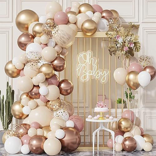 Kit Arche Ballon Or Rose, 101pcs Arche Ballon Anniversaire Rose Doré Blanc, Guirlande Ballon Rose Gold pour Fête Anniversaire Fille Femme, Décoration Baptême Champêtre, Baby Shower, Mariage Bohème