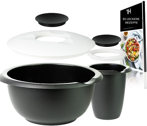 Thiru Bol mélangeur et cuisson – avec couvercle anti-éclaboussures – Antidérapant et sans BPA Noir, pack double - 3,5L & pot à fouet