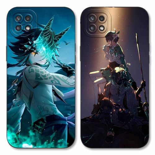 2 Stück Handyhülle für Samsung Galaxy A22 5G Hülle 6.6 Zoll, Anime Motiv Genshin Impact Xiao Venti Manga Muster Schutzhülle Jungs Case Schutz der Linse Design Silikon TPU Cover Stoßfest, Schwarz1