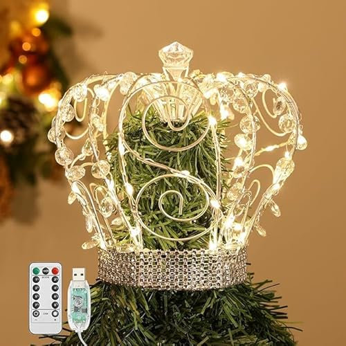 Lewondr Christmas Tree Topper, Metal Frame Crown with 50 Warm Light Beads, Remote & USB Operated, 6H Timer, Silver