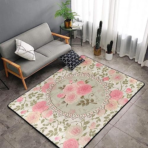 Tapis Salon Lavable Tapis Chambre Pile Courte Et Douce Tapis Doux Chambre Tapis Rectangulaire Tapis Intérieur Extérieur Dessous Antidérapant Tapis Rose Florale Vintage 60 X 90 Cm -7X4S