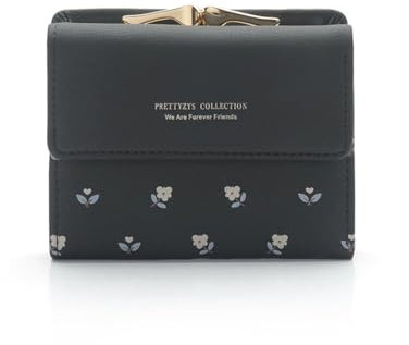 JEKAVA Geldbörse Damen Blümchen Portemonnaie Klein PU Leder Frühling Geldbeutel Bifold Compact Mit 6 Kartenfächern und Clip Münzfach (Schwarz)