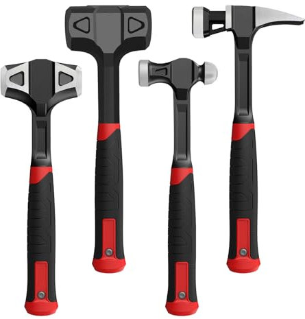 YIYITOOLS 4-Piece Hammer Set Dead Blow Hammer 2LB,24oz Ball Peen Hammer,20oz Claw Hammer, 3lb Sledgehammer,Forged & Polished Steel Head