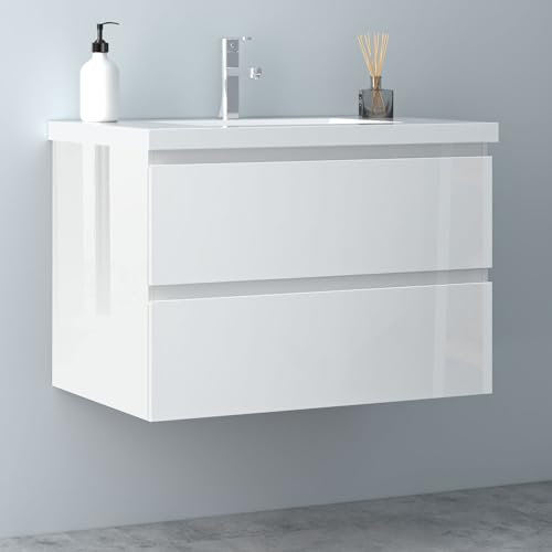 Biubiubath Badezimmermöbel 80cm Mineralguss Waschtisch mit Unterschrank Badmöbel Set Badezimmerschränke mit 2 Soft-Close Schubladen Hochglanz Weiß