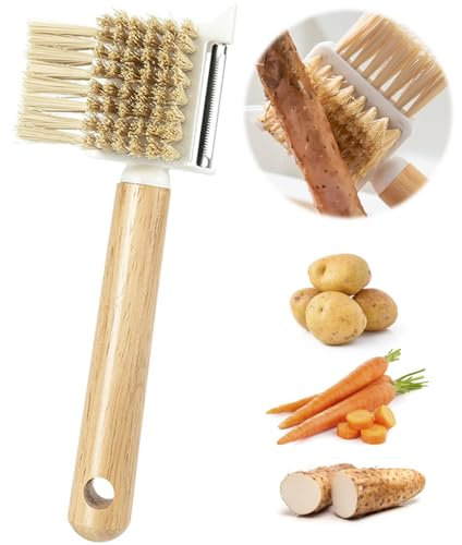 Eiflayn Gemüsebürste,Multifunktions Pilzbürste,Hölzerne küchenbürste,Kartoffelbürste mit Schäler,Nützliche Gadgets für die Küche