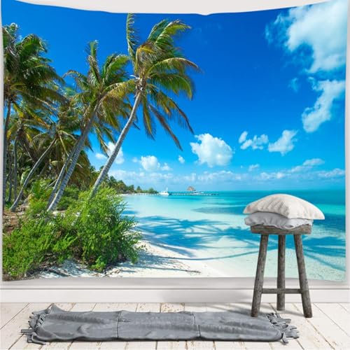 Wandteppich Strand Meer, Wandbehang Tapisserie Landschaft Wandtuch Blau Himmel Sonne Baum Wall Tapestry 150 x 130 cm