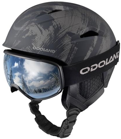 Odoland Ski Helmet with Ski Goggles for Skiing and Snowboard, Light Weight and Adjustable Ventilation Snow Helmet with Warm Fluffy Earpads for Men Women Adult and Youth Ink black M