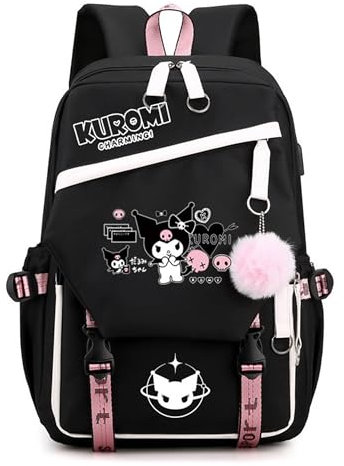Roffatide Anime Kuromi Print Casual Business Laptop Schultern Rucksack Reise Wandern Daypacks Rucksack 17 Zoll Schwarz (mit niedlichen Anhängern)