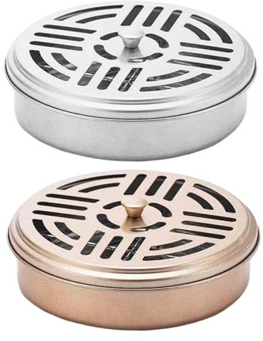 Lot de 2 porte-encens ronds avec couvercle - Coupe-vent - En acier inoxydable - Portable - Résistant au feu - Pour intérieur et extérieur - Pour la maison, argenté et doré